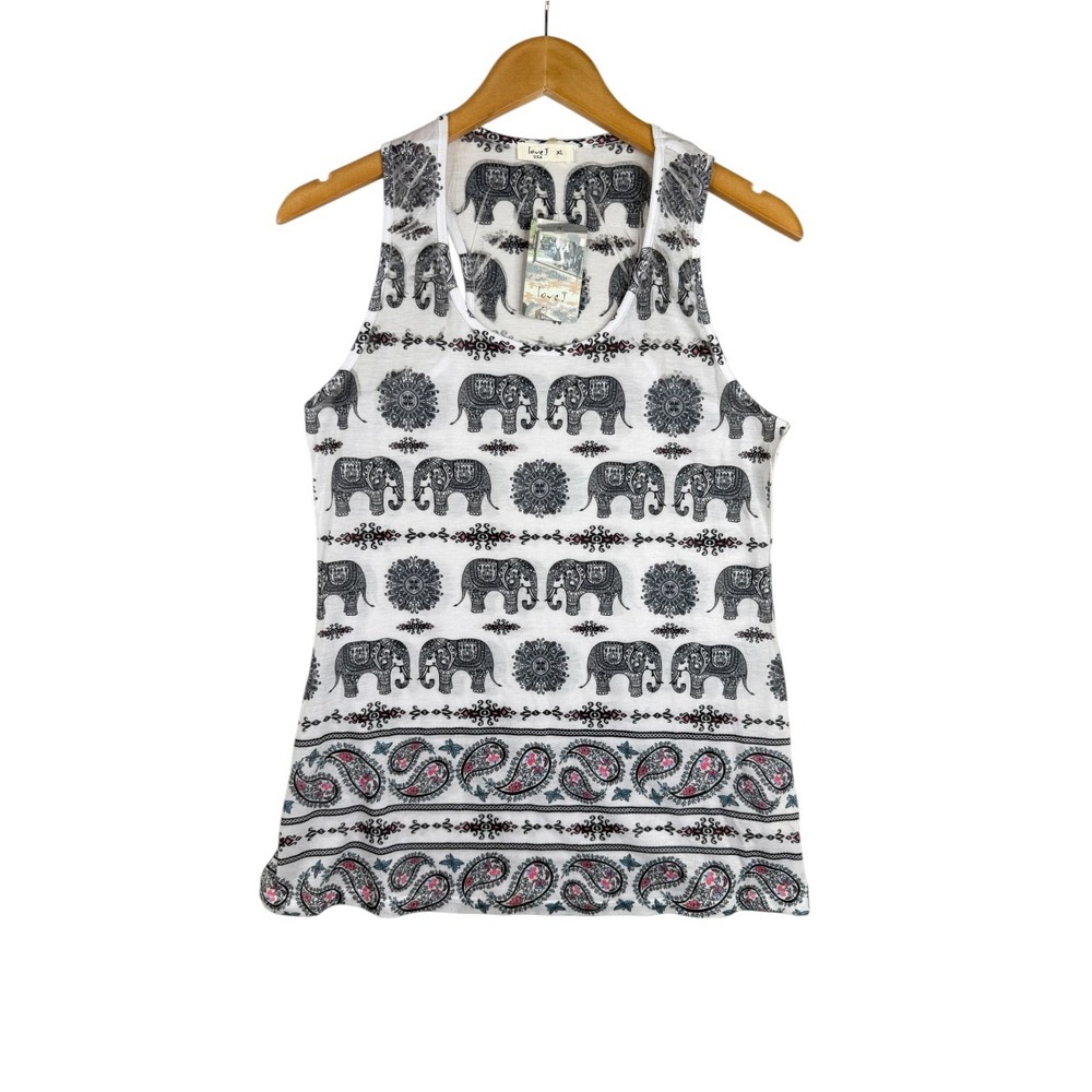 NWT Love J Women's Elephant/Tribal Paisley Print Sleeveless Tank Size XL White
